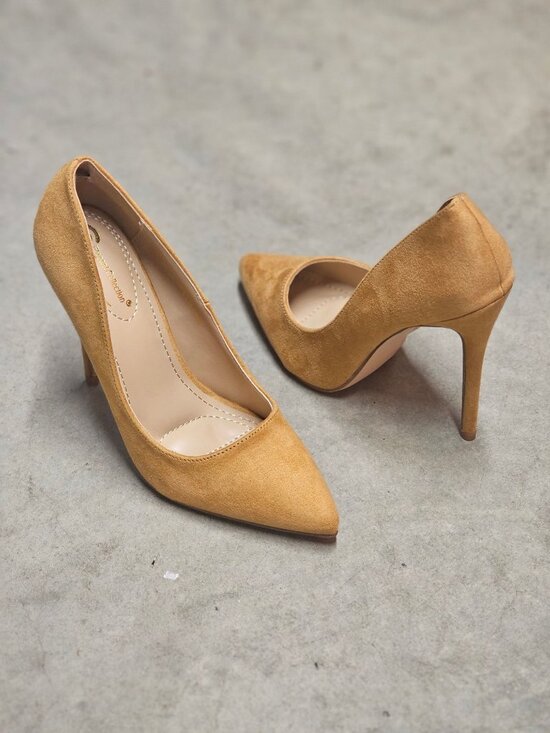 Women Tan Faux Suede Pointed Toe Stiletto High Heels For Women Elegant Design